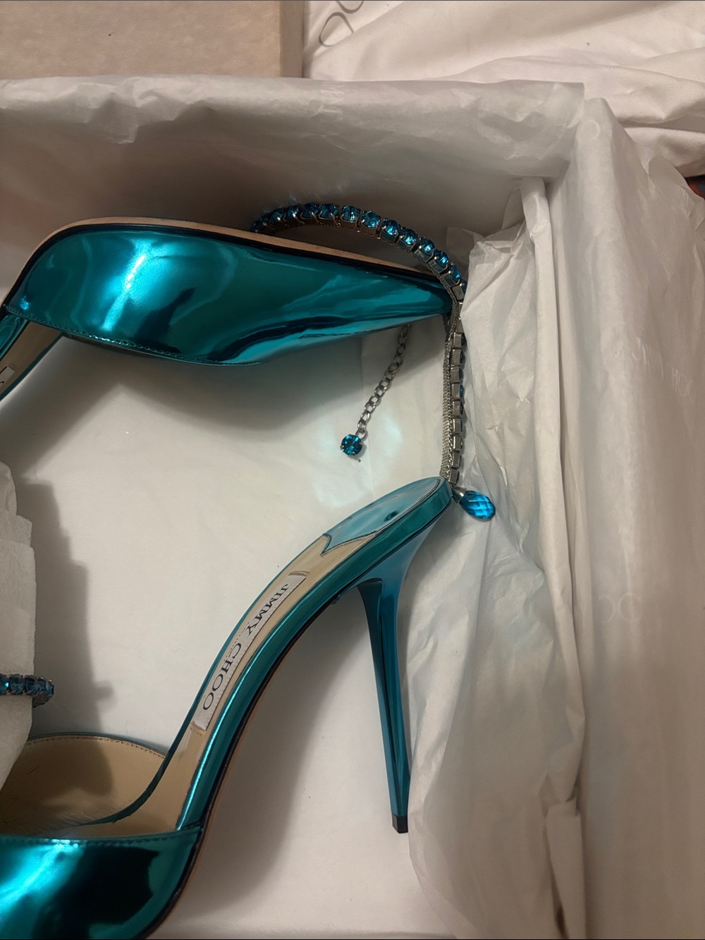 Jimmy Choo Metallic Teal Stiletto Slingback Heels - Picture 3 of 3
